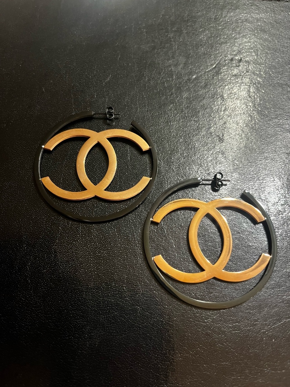 Double C Designer Large Black Hoop Center Gold Tone Letter Logo Earrings